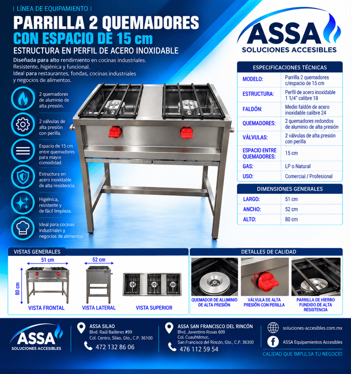 Parrilla 2 quemadores con espacio de 15 cm