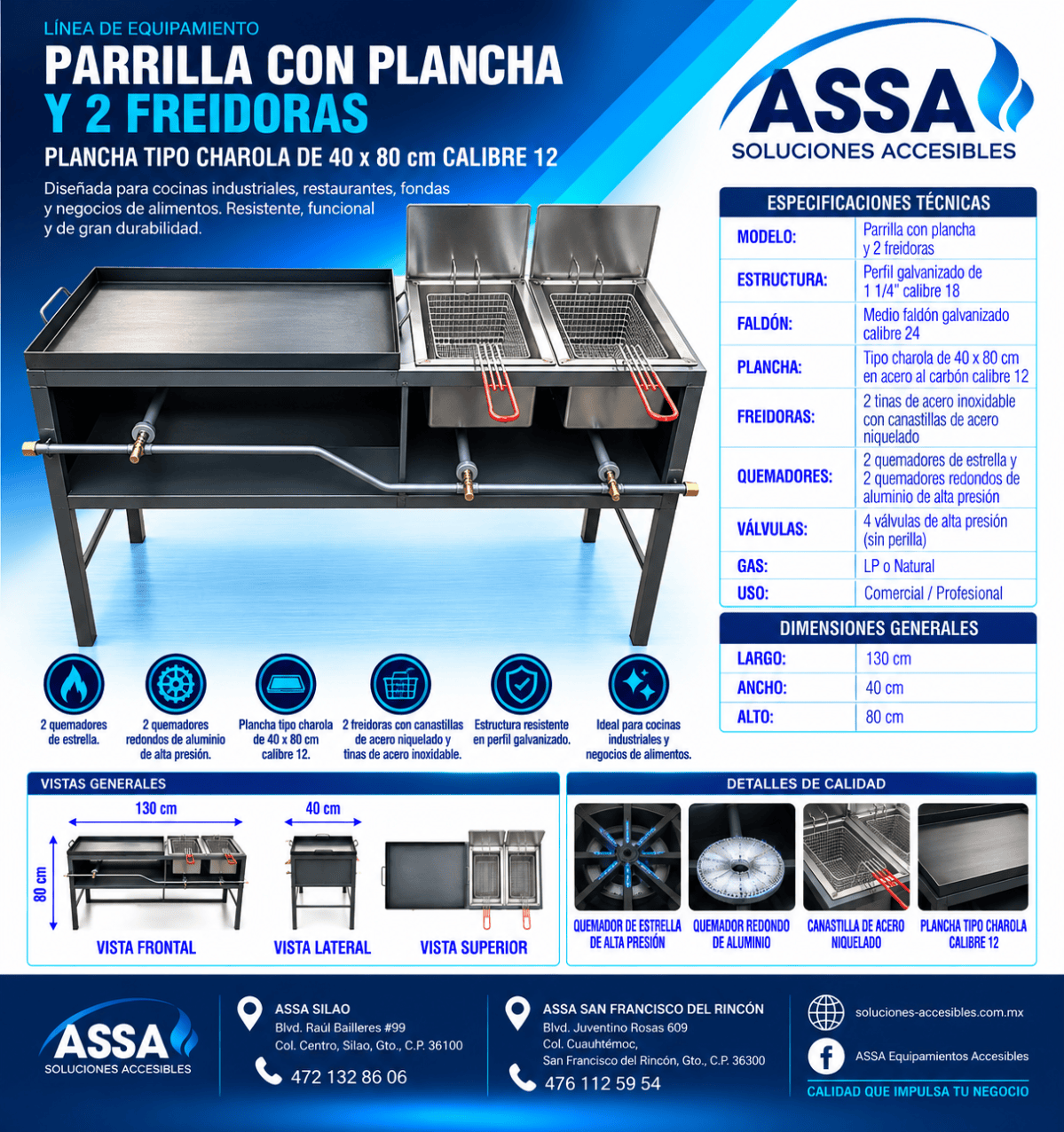 Parrilla con plancha y 2 freidoras 40 x 80 cm