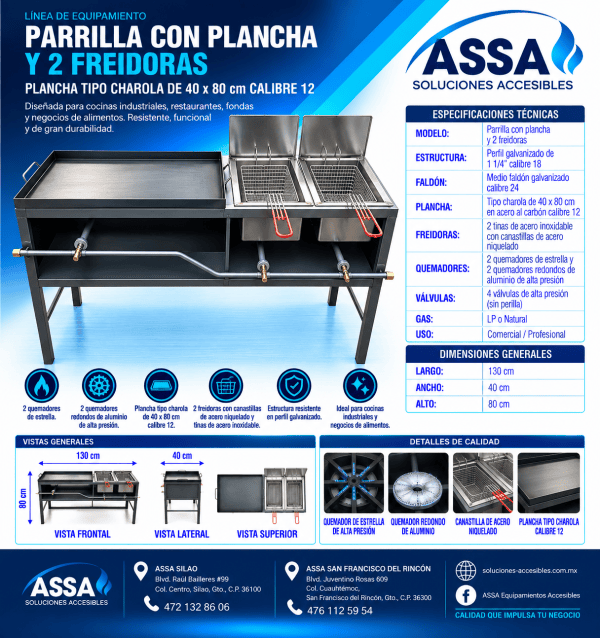 Parrilla con plancha y 2 freidoras 40 x 80 cm