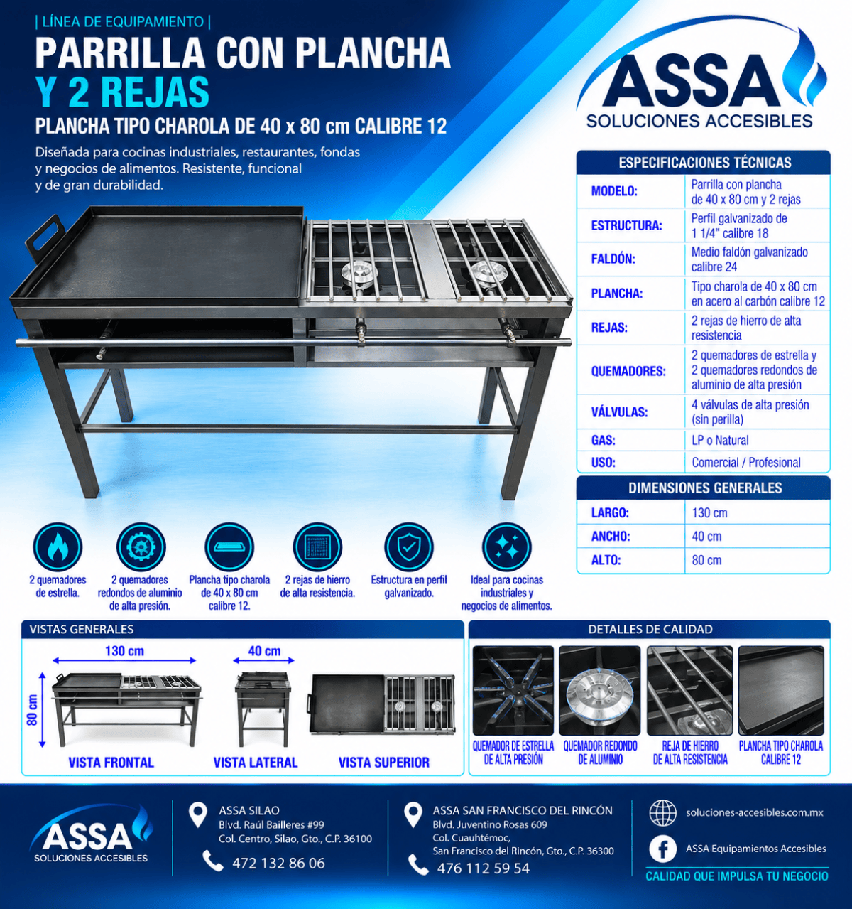 Parrilla con plancha y 2 rejas