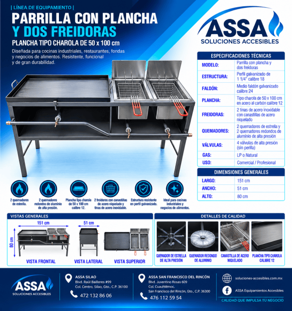 Parrilla con plancha y 2 freidoras 50 x 100 cm