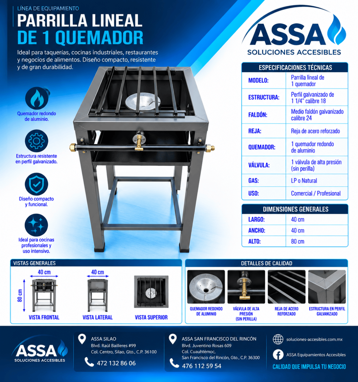 Parrilla lineal de 1 quemador