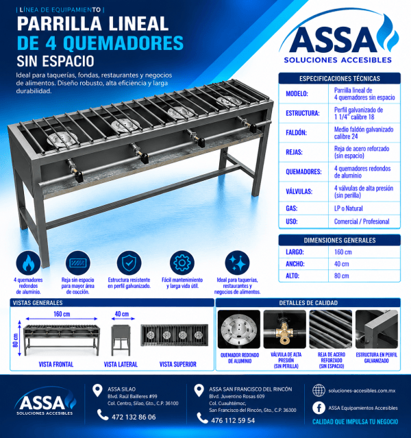 Parrilla lineal de 4 quemadores