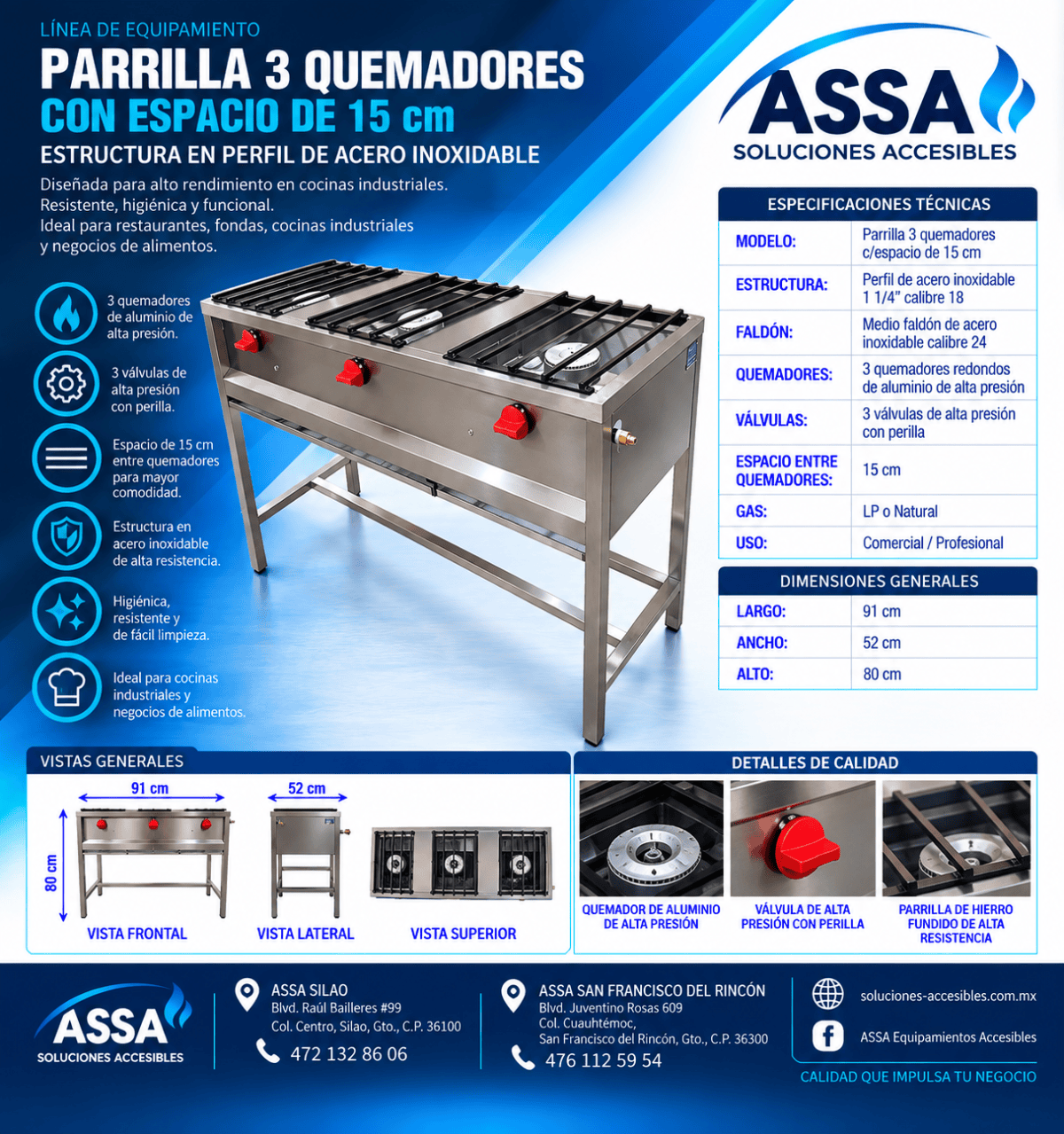 Parrilla 3 quemadores con espacio de 15 cm