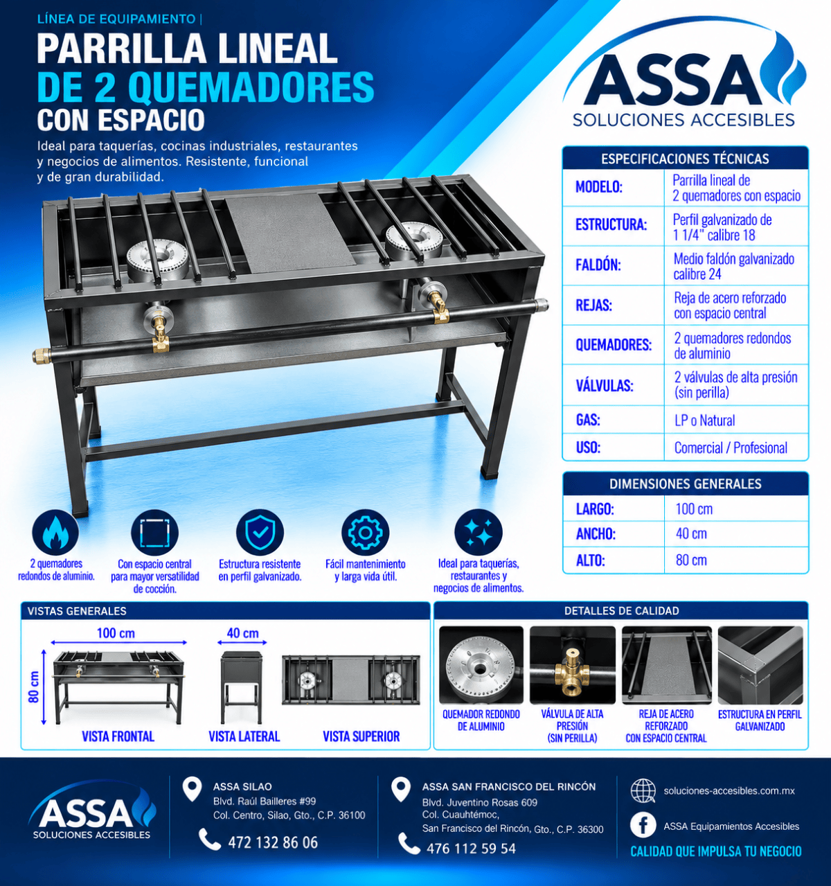 Parrilla lineal de 2 quemadores con espacio