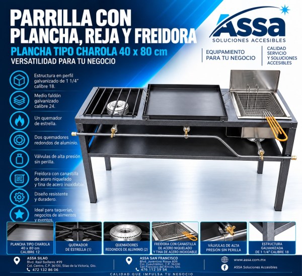 Parrilla con plancha, reja y freidora 40 x 80 cm