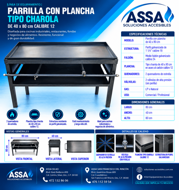 Parrilla con plancha tipo charola 40 x 80 cm