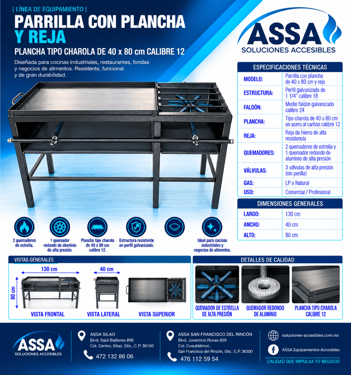 Parrilla con plancha y reja 40 x 80 cm