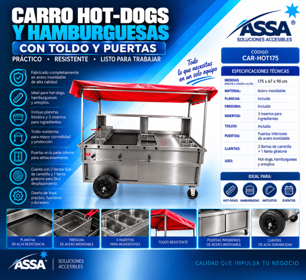 Carro para hot dogs con toldo y puertas