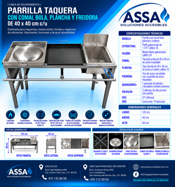 Parrilla taquera con comal, plancha y freidora