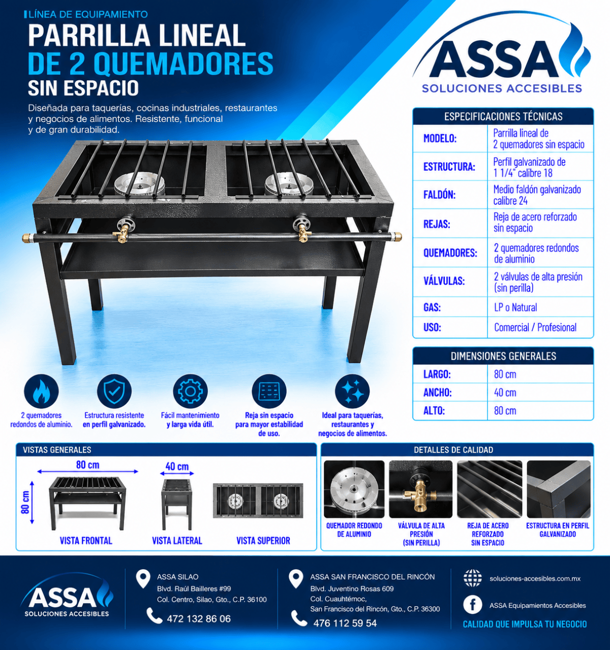 Parrilla lineal de 2 quemadores
