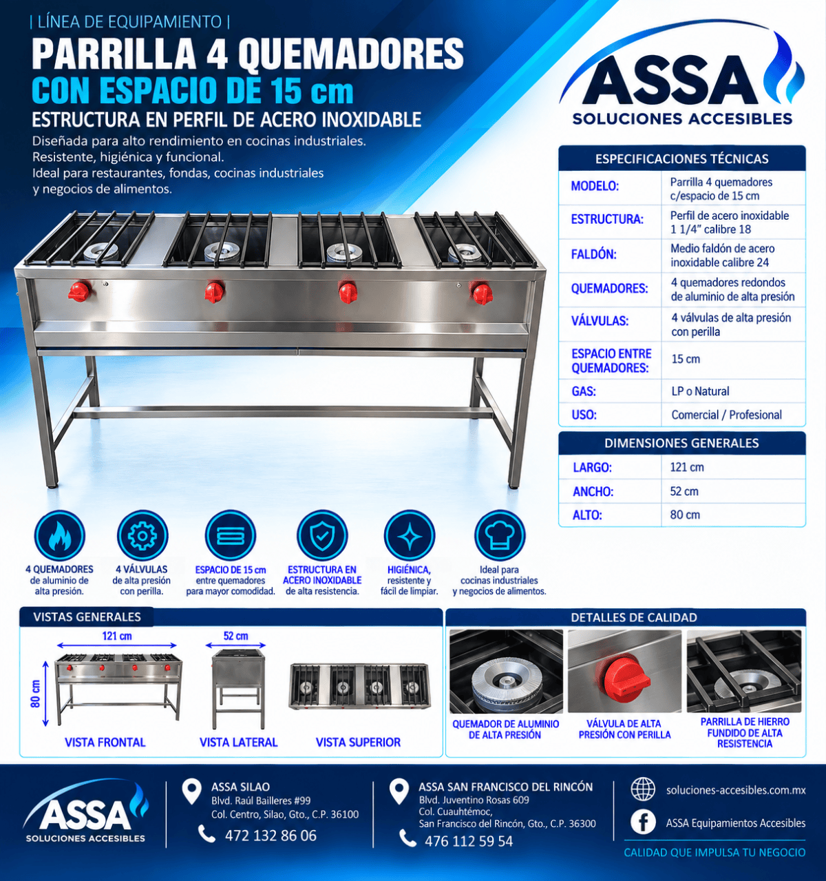 Parrilla 4 quemadores con espacio de 15 cm