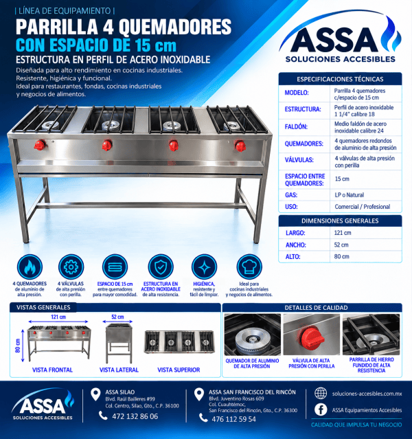 Parrilla 4 quemadores con espacio de 15 cm
