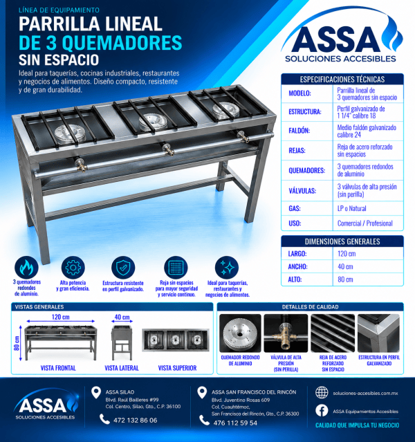 Parrilla lineal de 3 quemadores