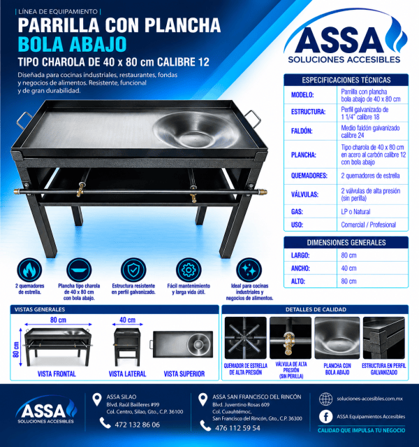 Parrilla con plancha bola abajo 40 x 80 cm