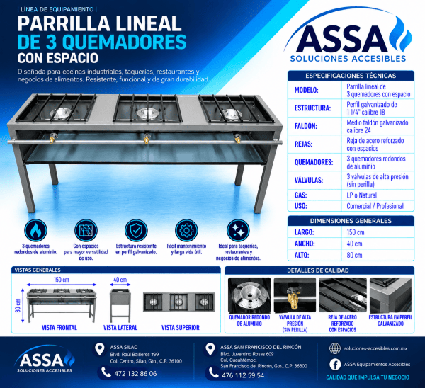 Parrilla lineal de 3 quemadores con espacio