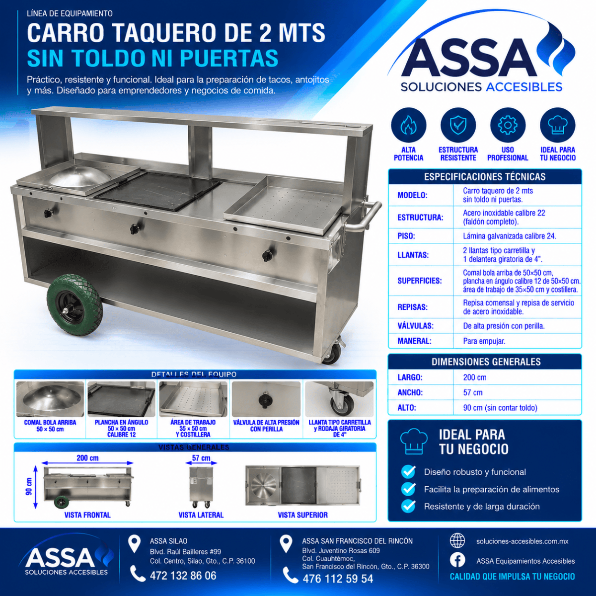 Carro taquero de 2 metros sin toldo ni puertas