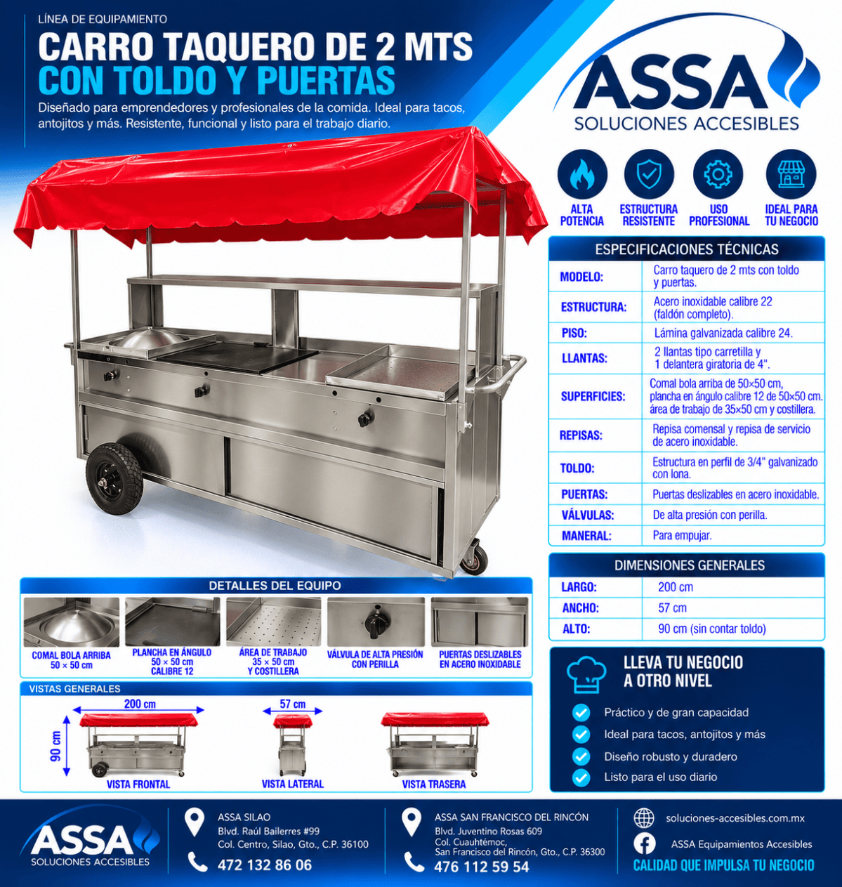 Carro taquero de 2 metros con toldo y puertas