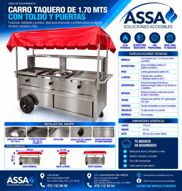 Carro taquero de 1.70 metros con toldo y puertas