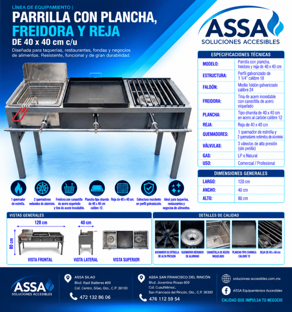 Parrilla con plancha, freidora y reja
