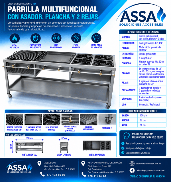 Parrilla multifuncional con asador, plancha y 2 rejas