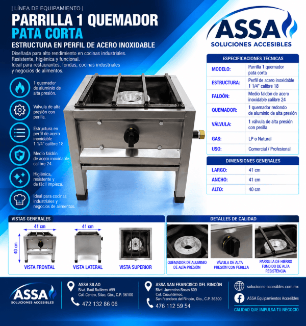 Parrilla 1 quemador de acero inoxidable