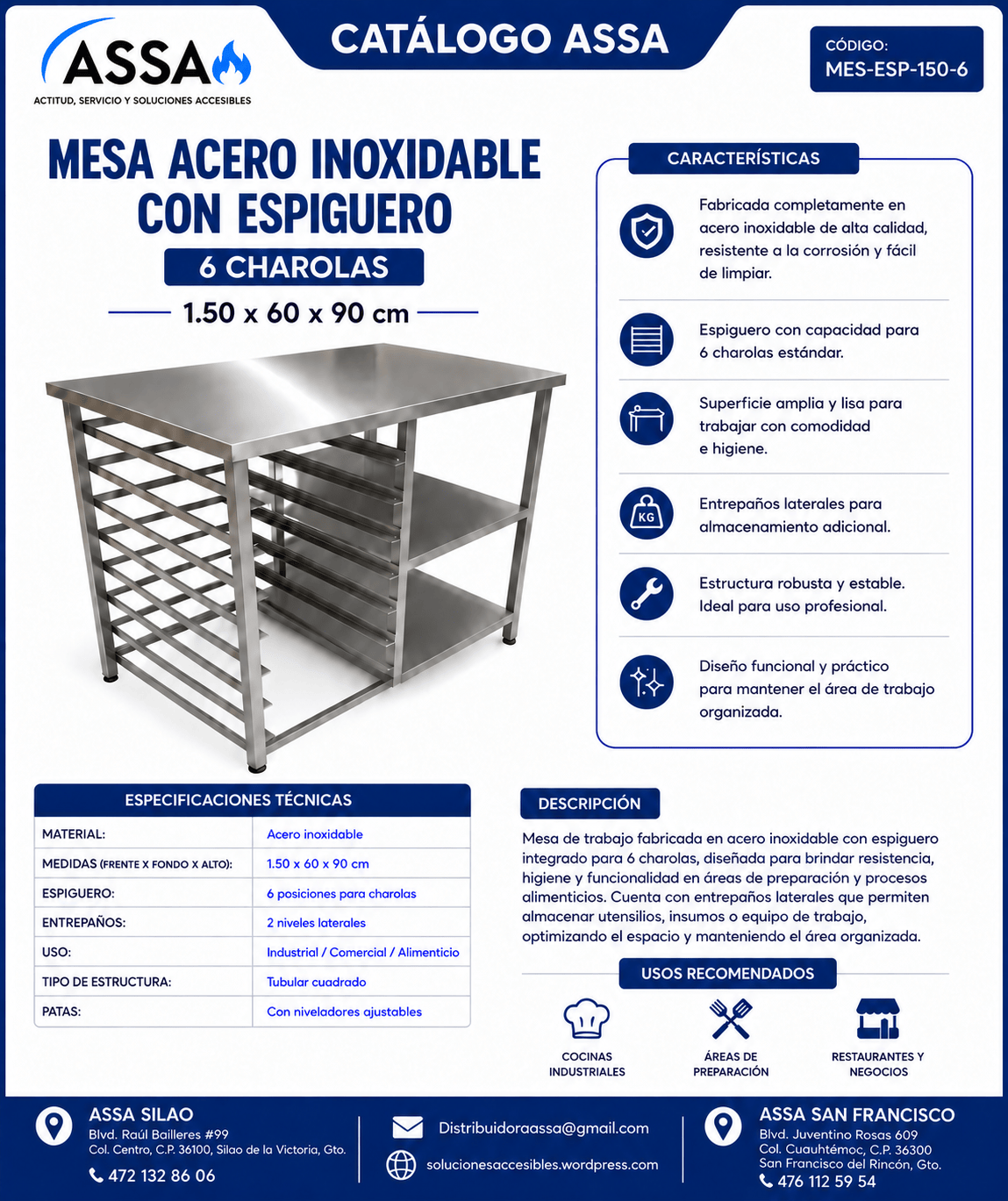 Mesa de acero inoxidable con espiguero