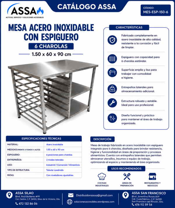 Mesa de acero inoxidable con espiguero