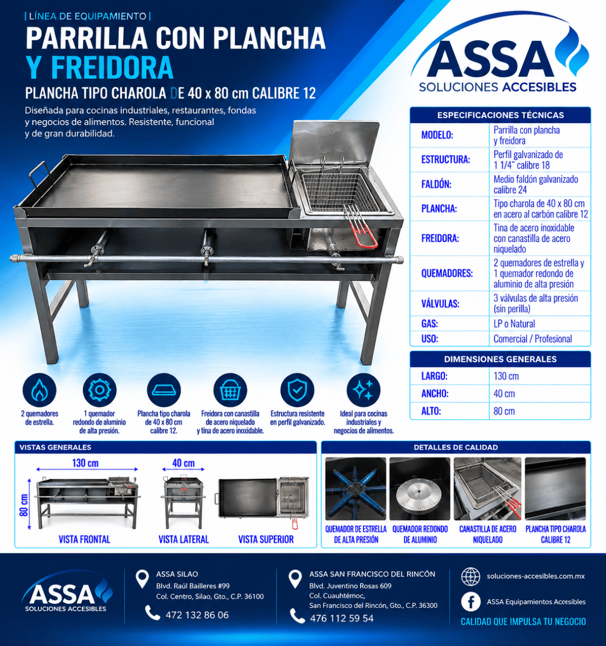 Parrilla con plancha y freidora 40 x 80 cm