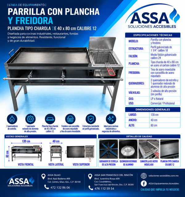 Parrilla con plancha y freidora 40 x 80 cm